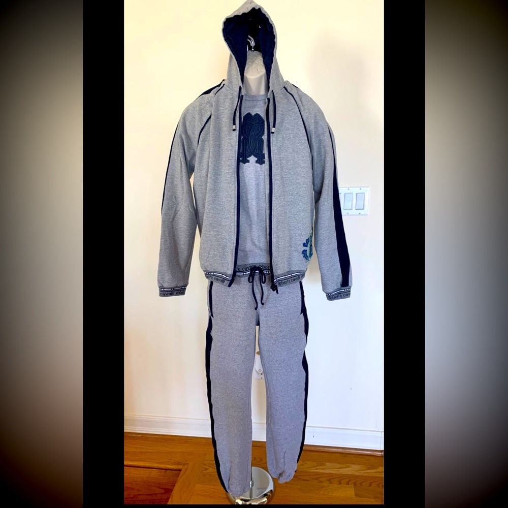 Roberto Cavalli Big Boys Gray 2 PC Tracksuit Set Hooded Jacket Jogger Pants Sz M